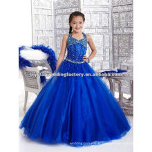 2013 halter perlé robe de bal jupe bleue sur mesure boucles d&#39;oreille de fille de fleur CWFaf4586